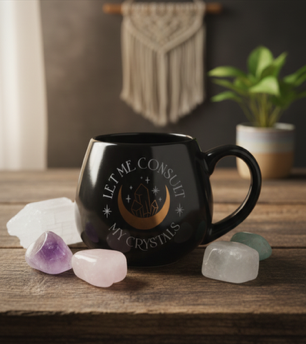 Zwarte mok "Let me consult my crystals"